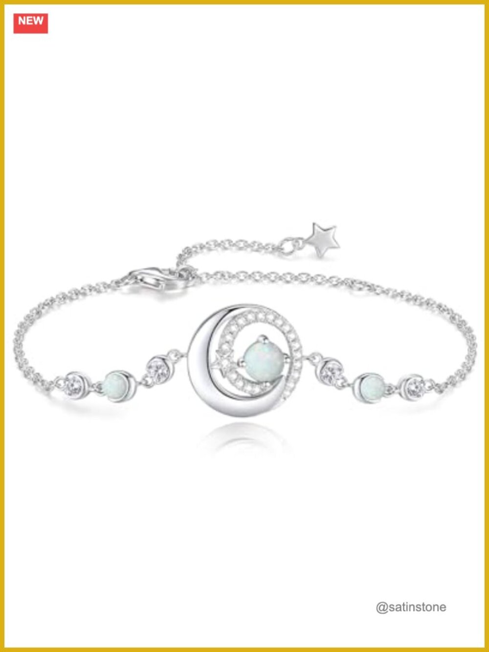 925 Sterling Silver White Gold Plated Moon Star Birthstone Link Bracelet